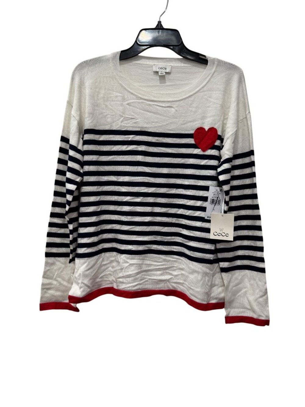 New CeCe Women's Size L Sailor Stripe Heart Sweater White Navy *Stain*